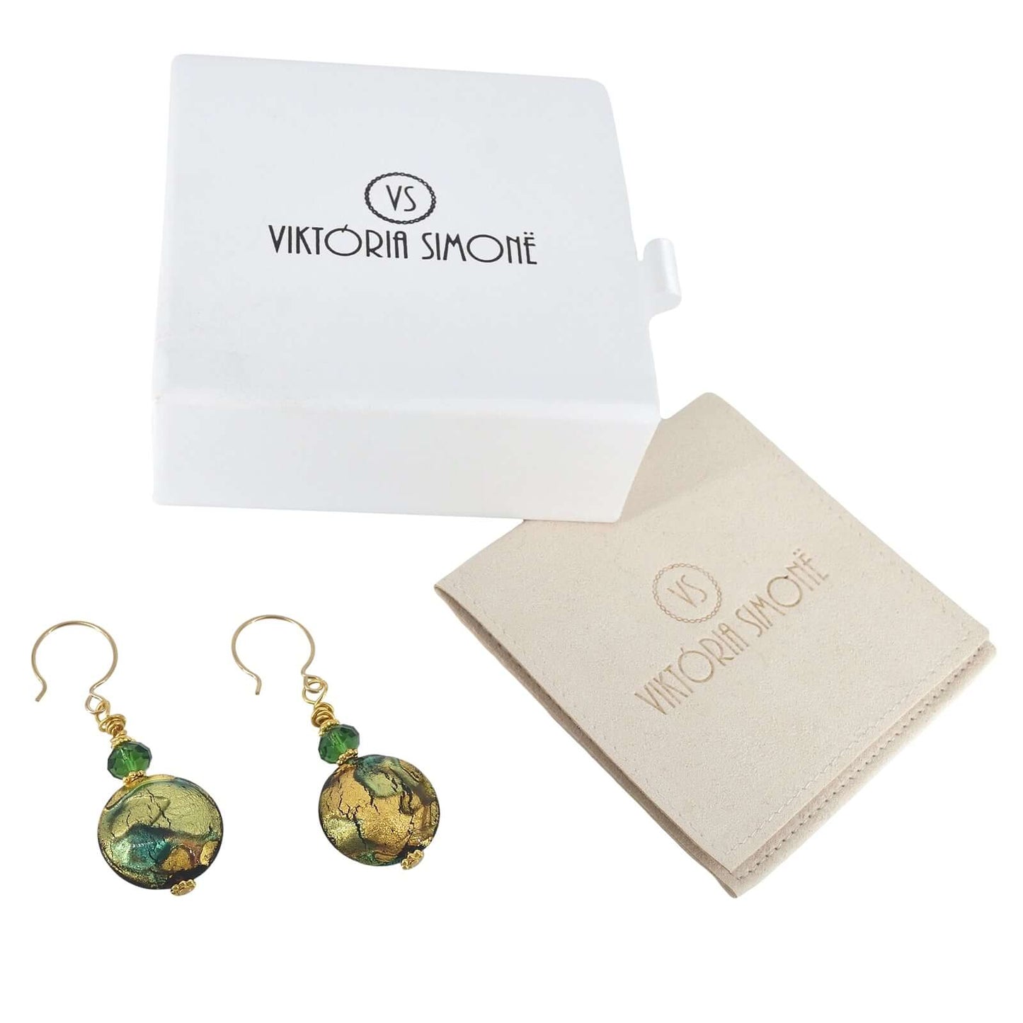 Green Murano Glass Bead Earrings with Austrian Crystals on Gold Filled Earring Wires  