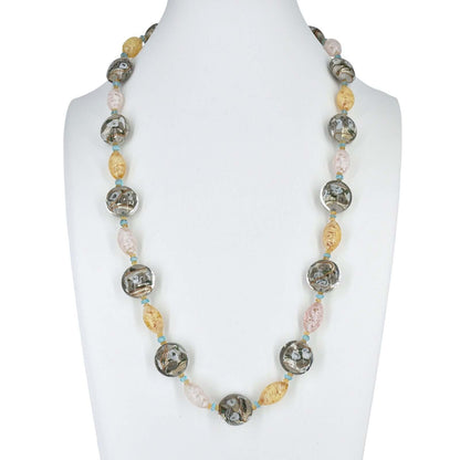 Grey and Gold Murano Glass Necklace with Citrine and Apatite  