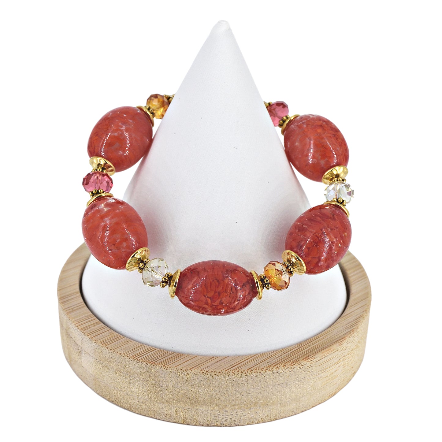 Italian Imperial Red Oval Murano Glass & Crystal Bead Bracelet with Gold Filled Clasp  