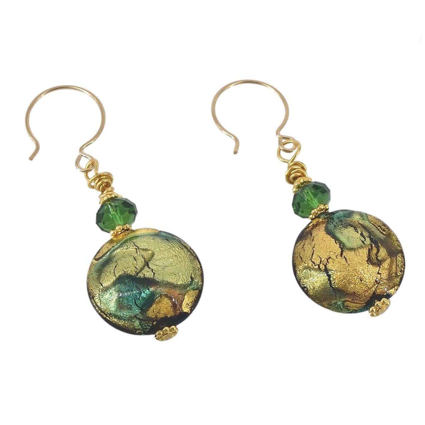 Green Murano Glass Bead Earrings with Austrian Crystals on Gold Filled Earring Wires  