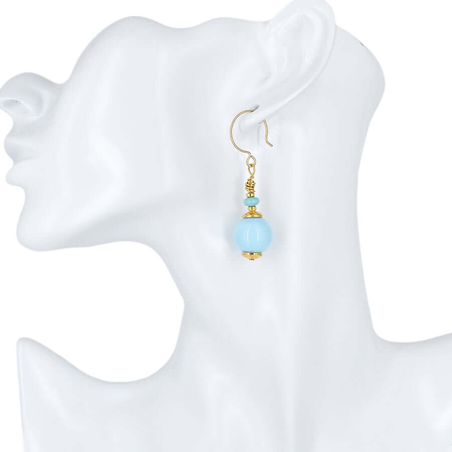 Turquoise Blue Murano Glass Bead Earrings with Austrian Crystals on Gold Filled Earring Wires  