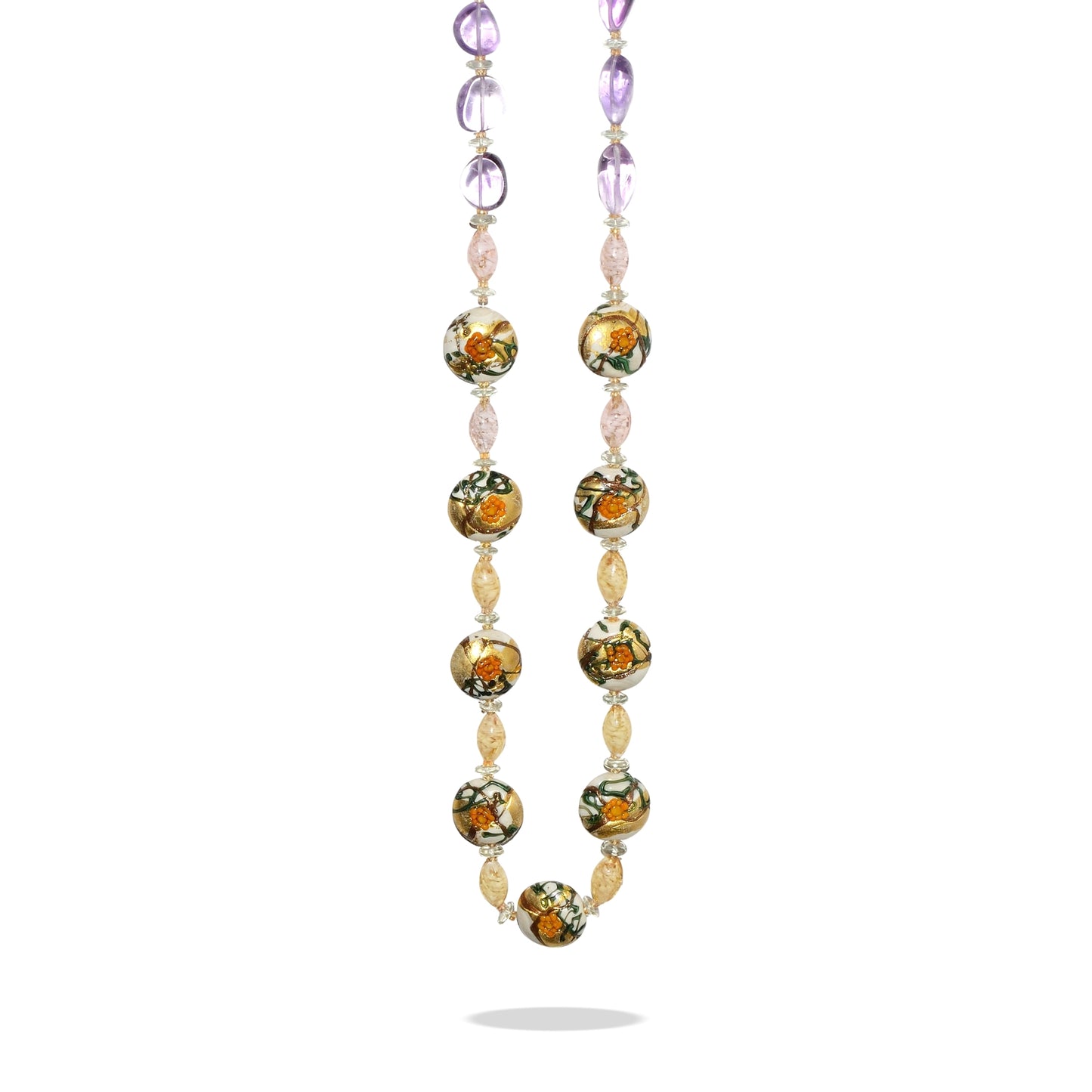 Italian Glass Floral Amethyst Necklace with Amethyst, Citrine and Ruby Gemstones and Sterling Silver Clasp  