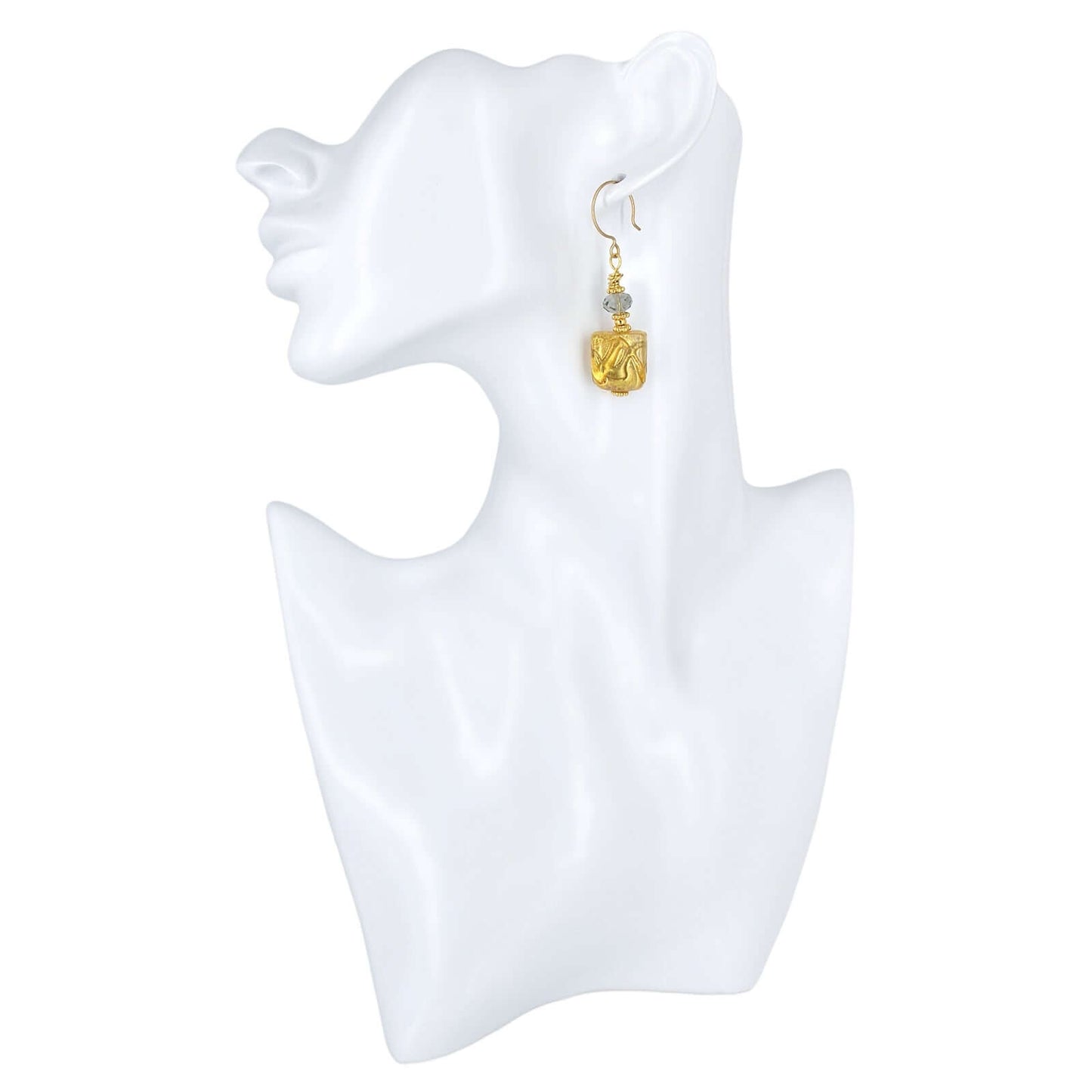 Gold Square Murano Glass Beaded Dangle Earrings with Austrian Crystal on Gold-Filled Earring Wires  