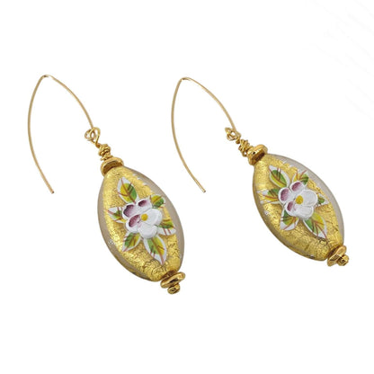 Long Oval Gold Painted Venetian Bead Earrings with Gold Filled Earring Wire  