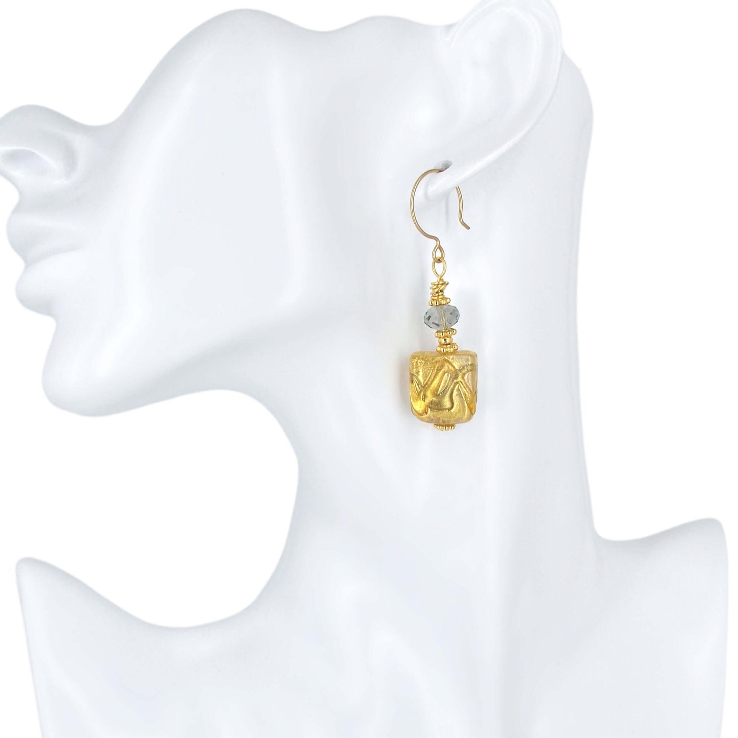 Gold Square Murano Glass Beaded Dangle Earrings with Austrian Crystal on Gold-Filled Earring Wires  