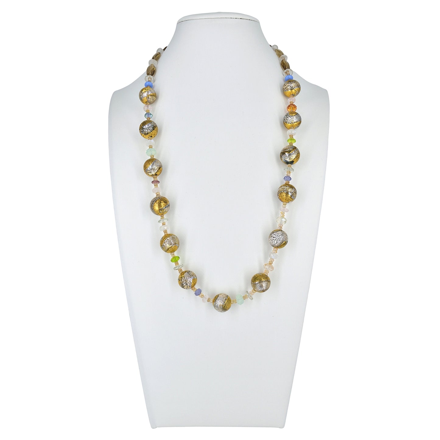 Dichroic Gold Murano Glass Necklace with Citrine, Green Amethyst Gemstones  