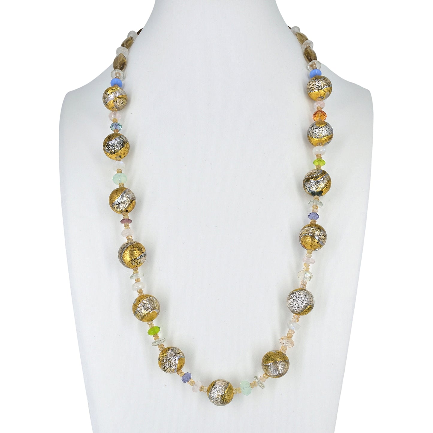 Dichroic Gold Murano Glass Necklace with Citrine, Green Amethyst Gemstones  