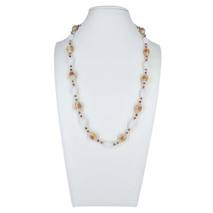 White Floral Wedding Cake Italian Bead Murano Glass Necklace with Citrine, Garnet and Rose Quartz - Sterling Silver Clasp  