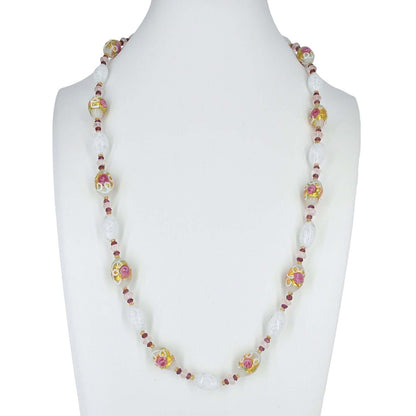 White Floral Wedding Cake Italian Bead Murano Glass Necklace with Citrine, Garnet and Rose Quartz - Sterling Silver Clasp  