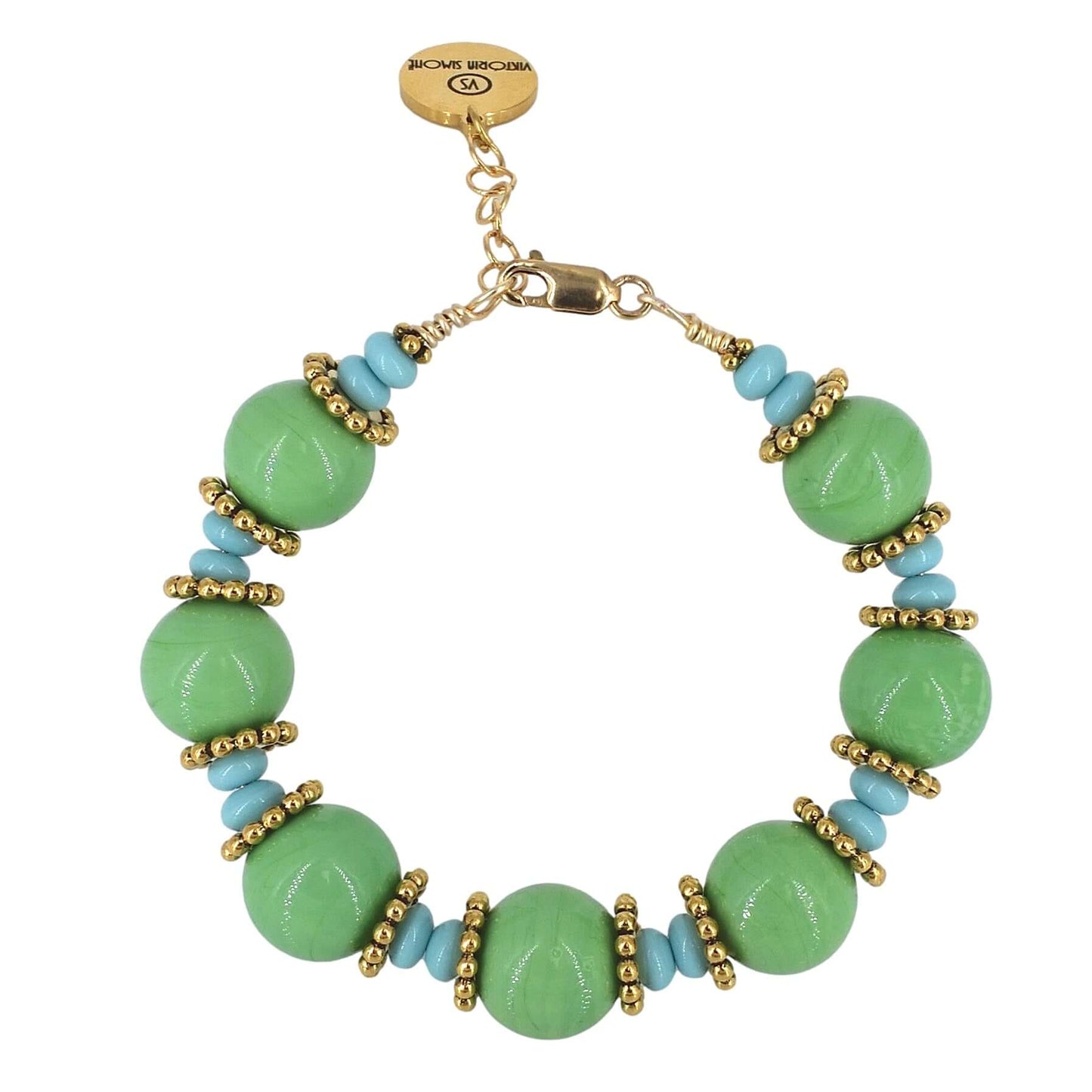 Green Round Italian Bead Bracelet with Gold Filled Clasp  