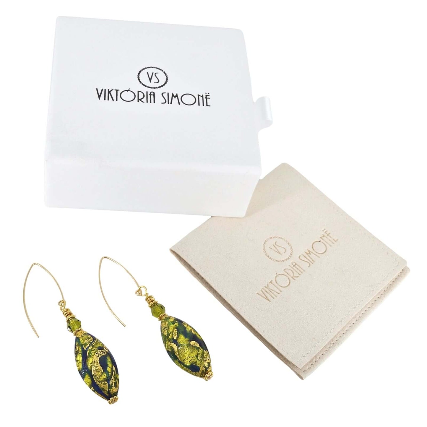 Long Green Oval Murano Glass Earrings with Austrian Crystal on Gold Filled Earwires  