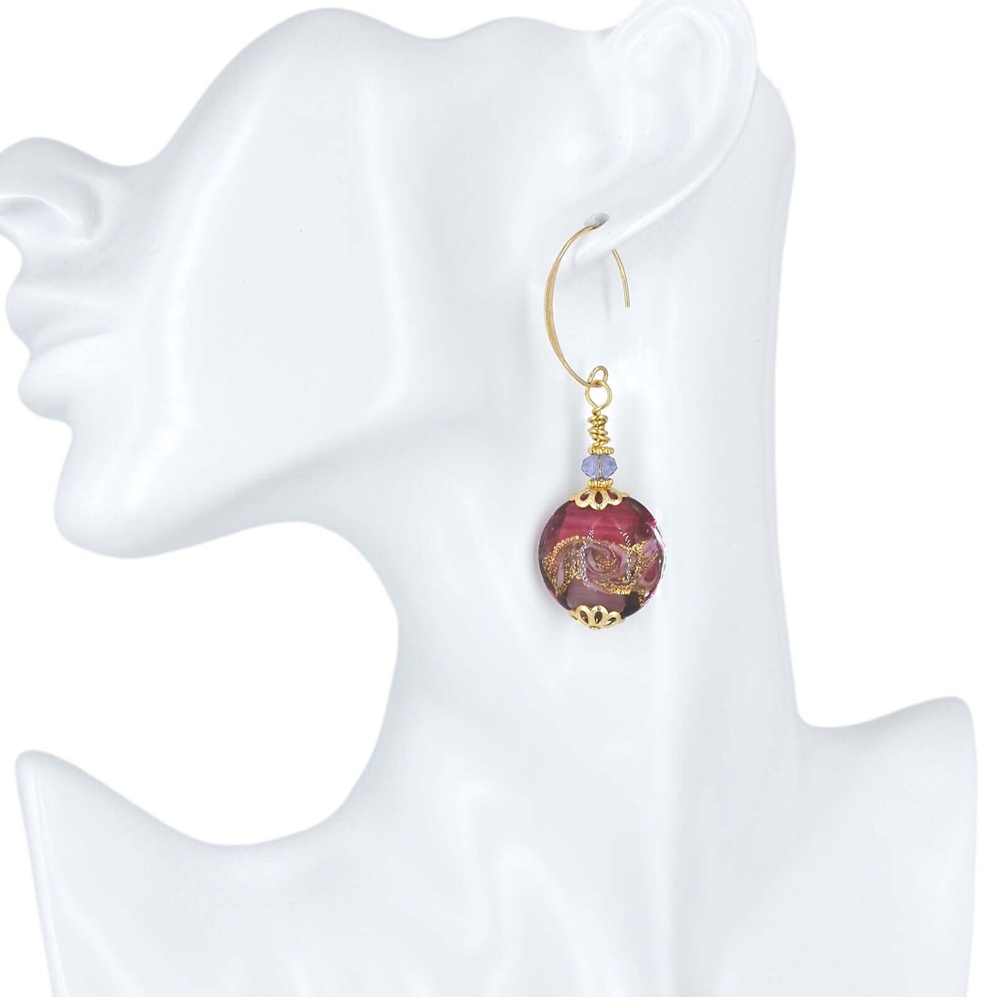 Pink Swirl Lentil Italian Bead Earrings with Austrian Crystals on Gold-Filled Earrings  