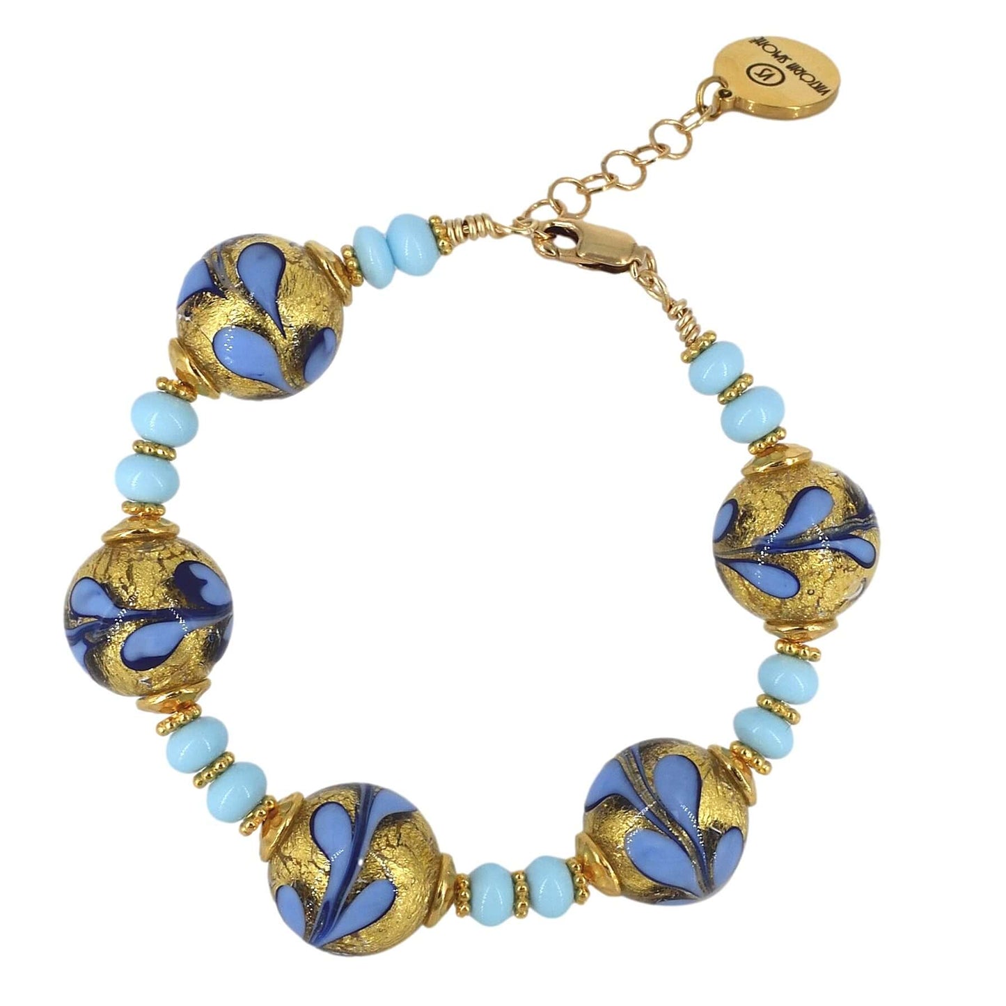 Blue and Gold Floral Venetian Bead Bracelet with Gold Filled Clasp  