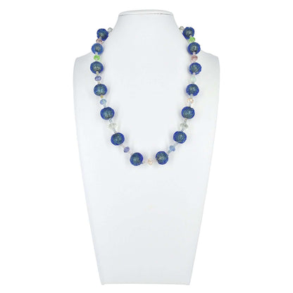 Glacier Blue Italian Bead Necklace with Austrian Crystals and Graduating Aquamarine with Sterling Silver Clasp  