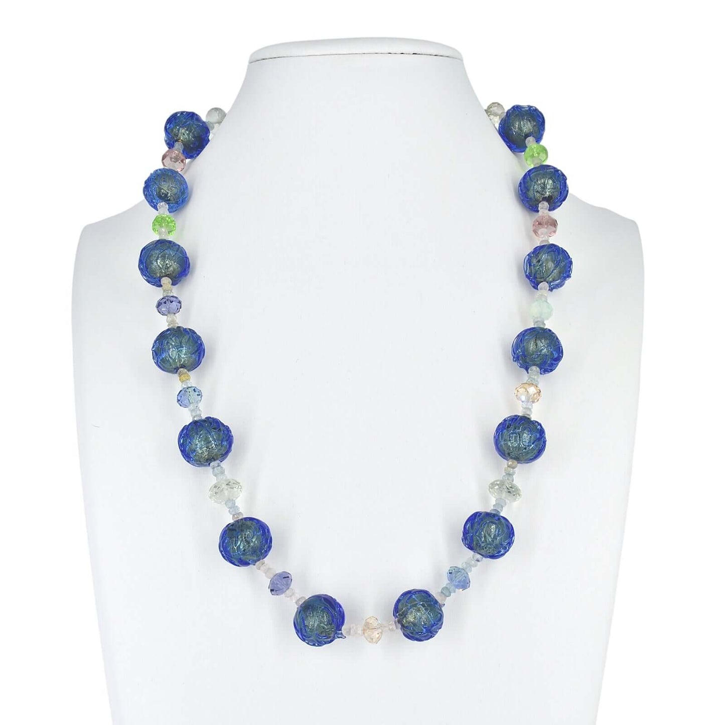 Glacier Blue Italian Bead Necklace with Austrian Crystals and Graduating Aquamarine with Sterling Silver Clasp  