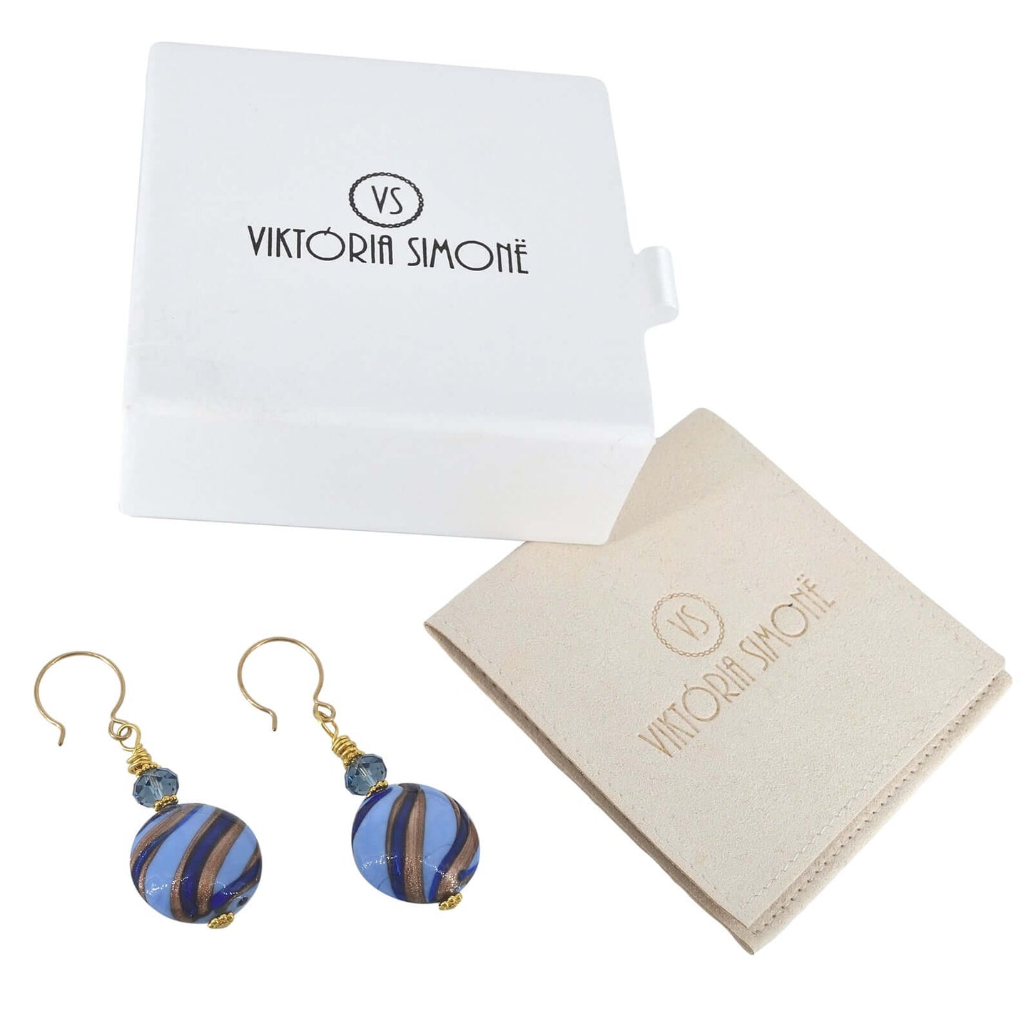 Blue Stripe Venetian Glass Earrings with Austrian Crystal on Gold Filled Earwires  