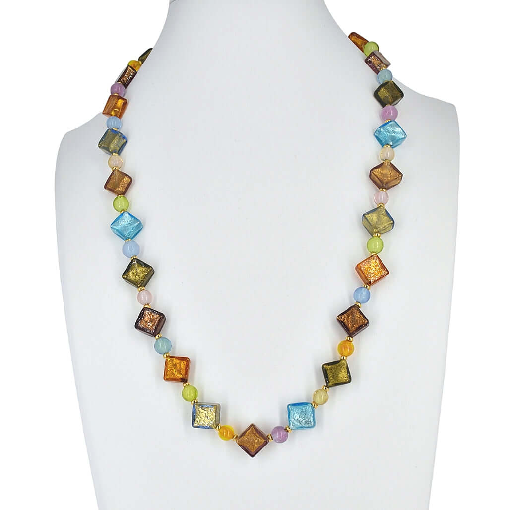 Multi-Color Harlequin Style Murano Glass Beaded Necklace with Gold Filled Clasp  