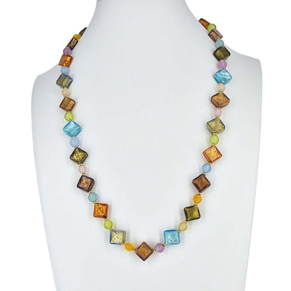 Multi-Color Harlequin Style Murano Glass Beaded Necklace with Gold Filled Clasp  