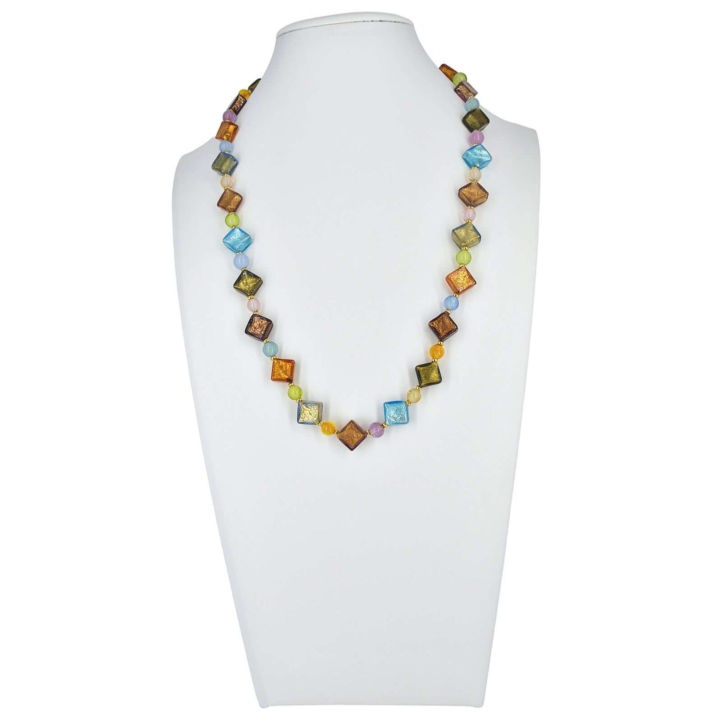 Multi-Color Harlequin Style Murano Glass Beaded Necklace with Gold Filled Clasp  