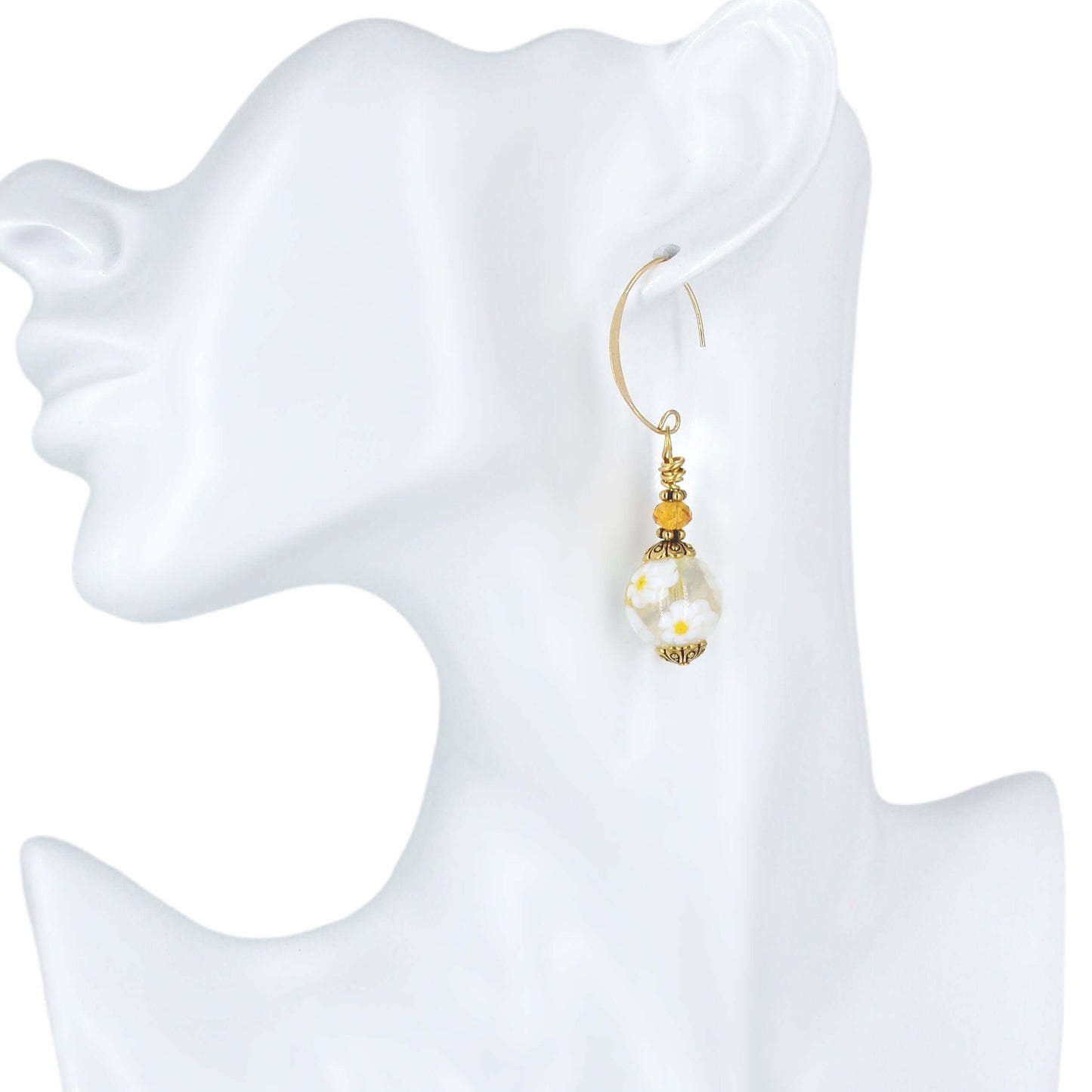 White and Yellow Floral Murano Glass Beaded Earrings with Orange Austrian Crystals on Gold-Filled Earring Wires  