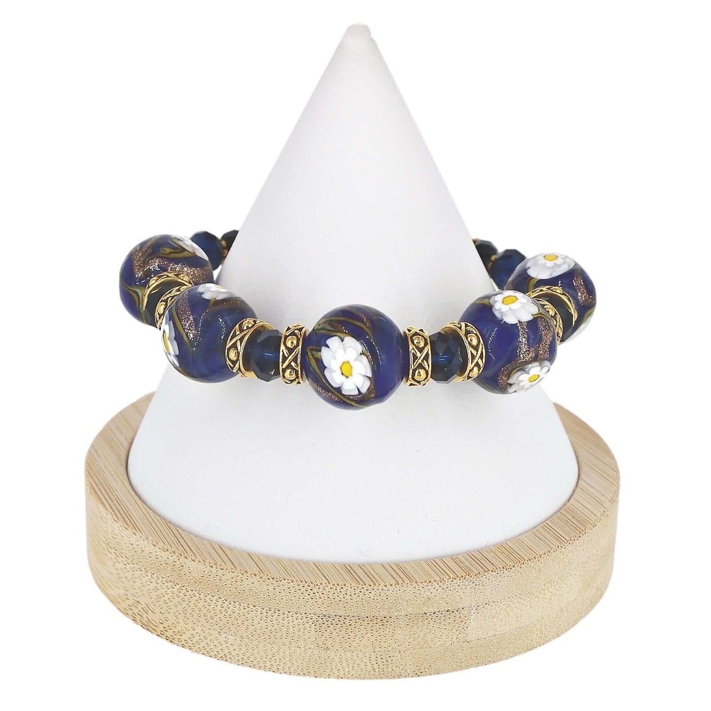 Italian Blue Floral Murano Glass & Crystal Bead Bracelet with Gold Filled Clasp  