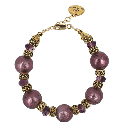 Purple Round Murano Bead Bracelet with Austrian Crystals and Gold Filled Clasp  