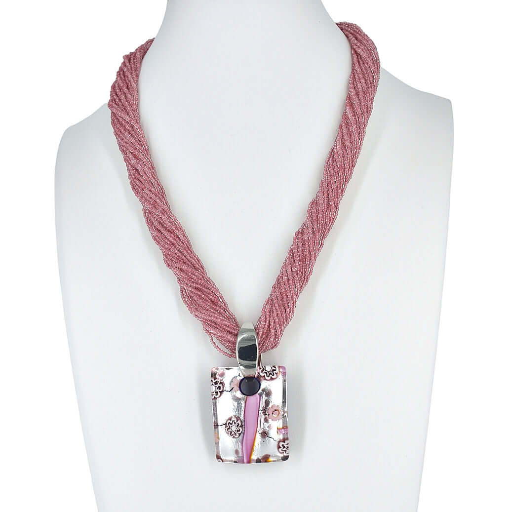 Pink Italian Seed Bead Multi-Strand Necklace with Large Silver and Pink Murano Glass Pendant  