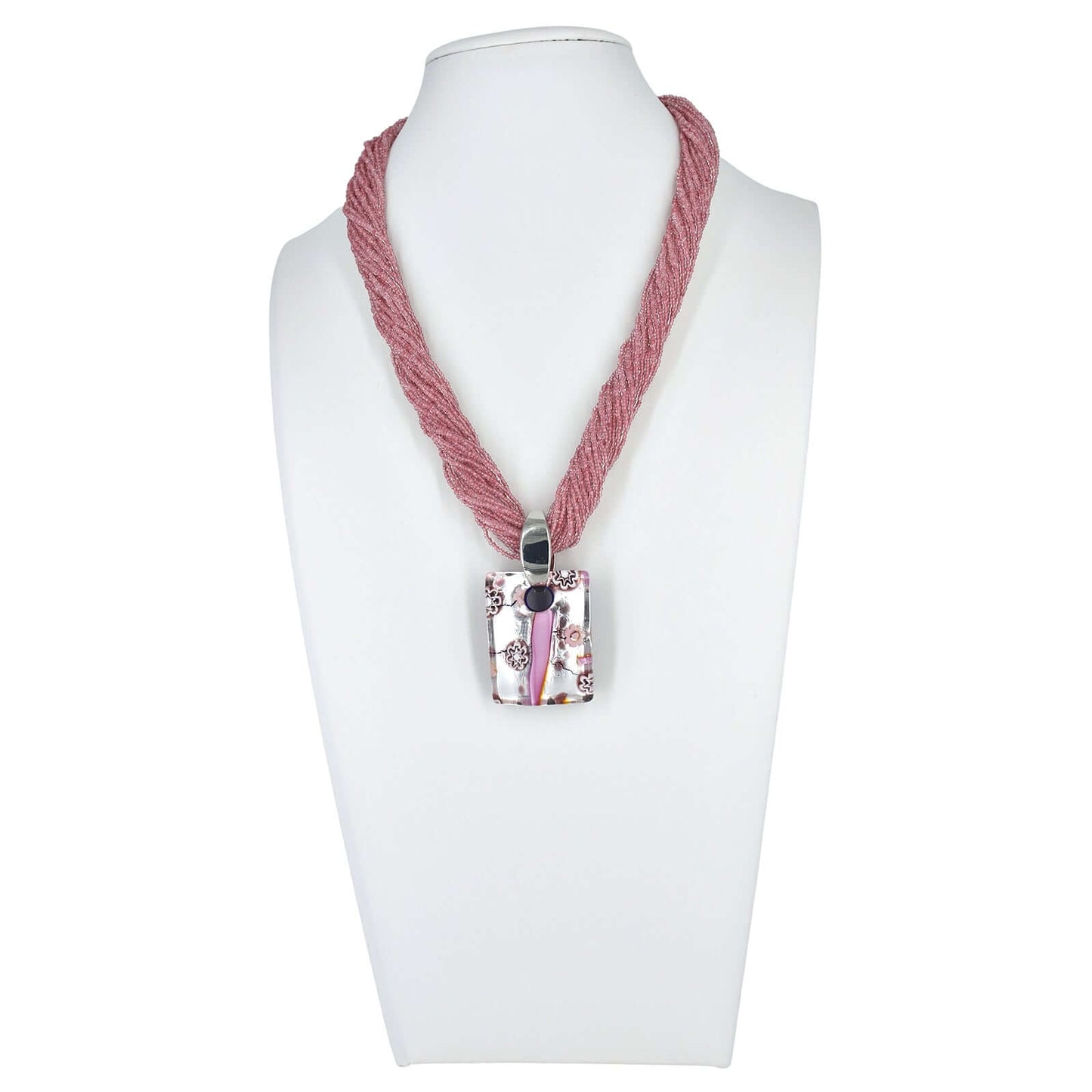 Pink Italian Seed Bead Multi-Strand Necklace with Large Silver and Pink Murano Glass Pendant  