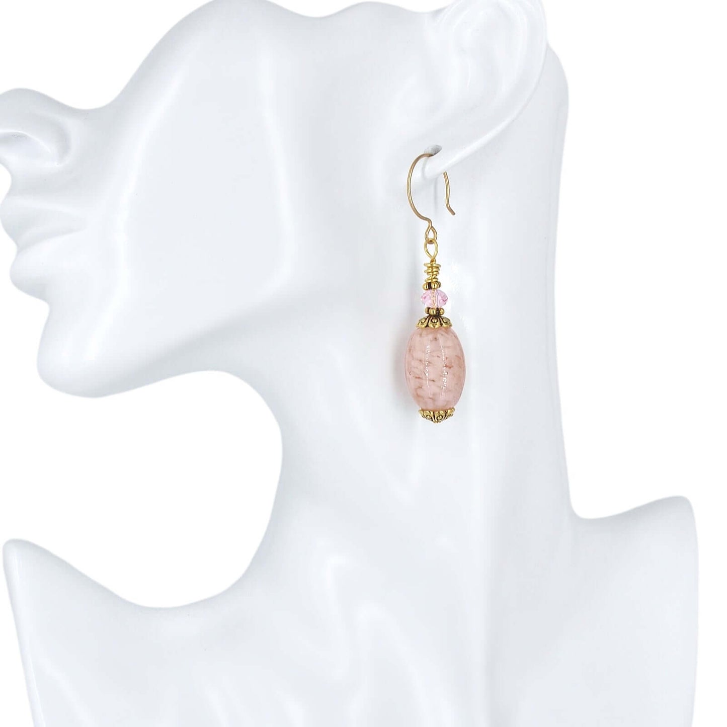 Pink Oval Italian Bead Earrings With Pink Austrian Crystal on Gold-Filled Earring wire  