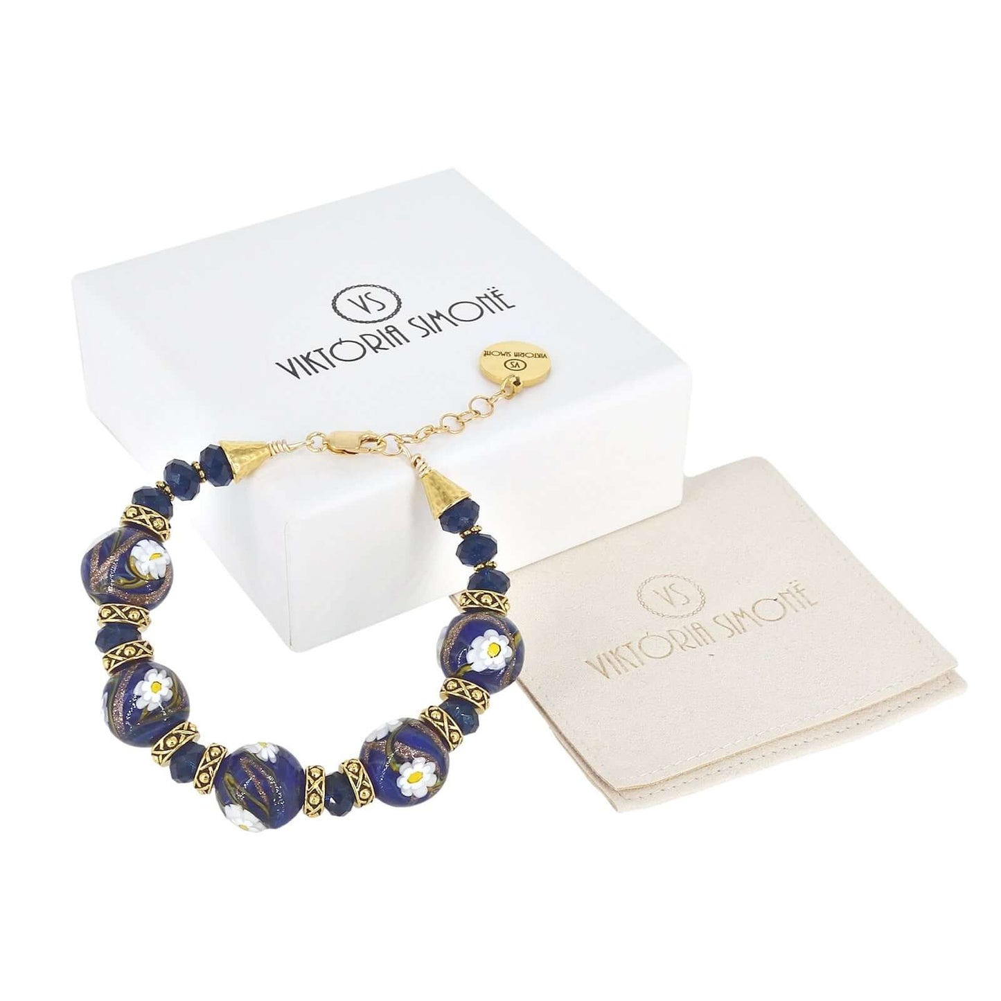 Italian Blue Floral Murano Glass & Crystal Bead Bracelet with Gold Filled Clasp  