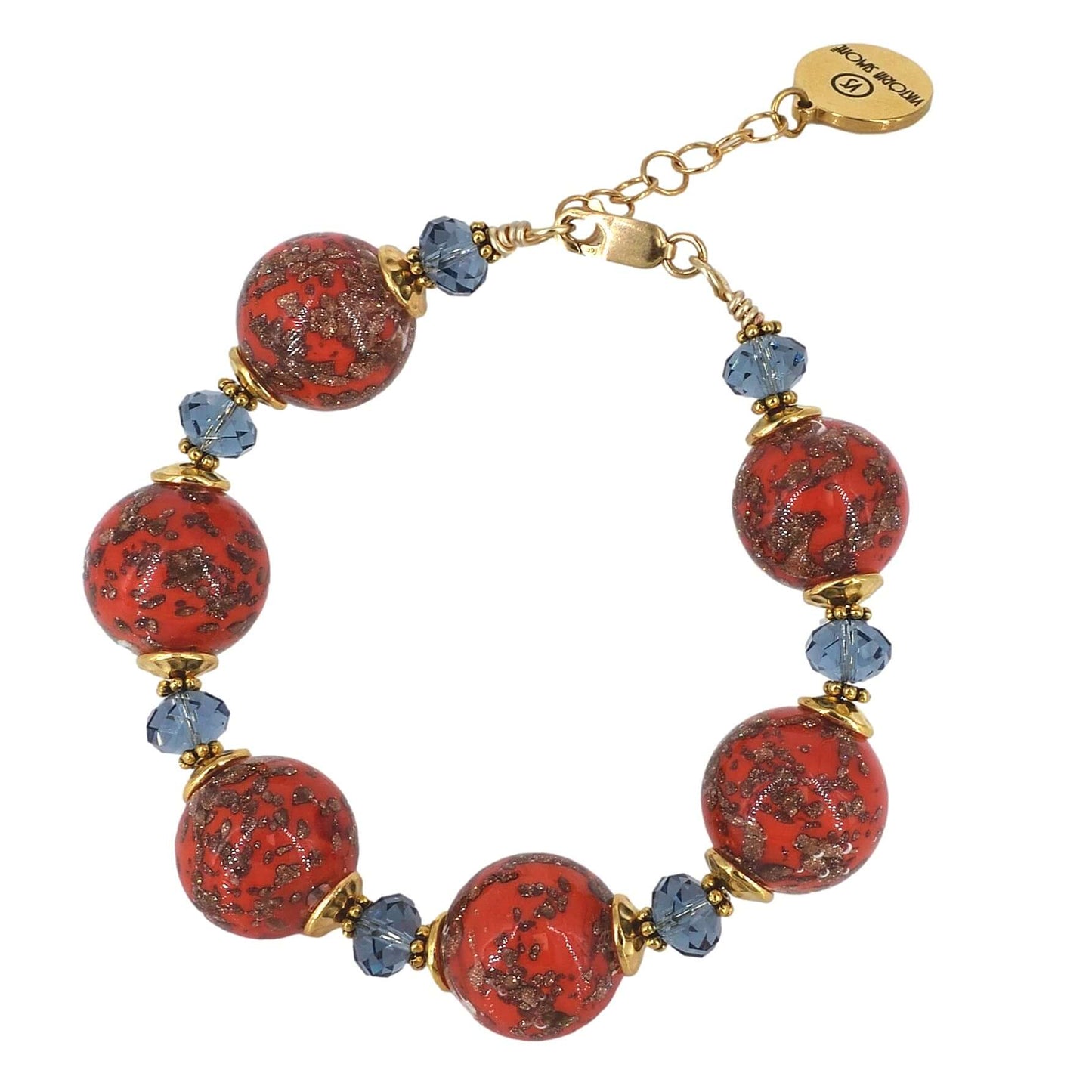 Red Round Italian Bead Bracelet with Blue Austrian Crystals and Gold Filled Clasp  