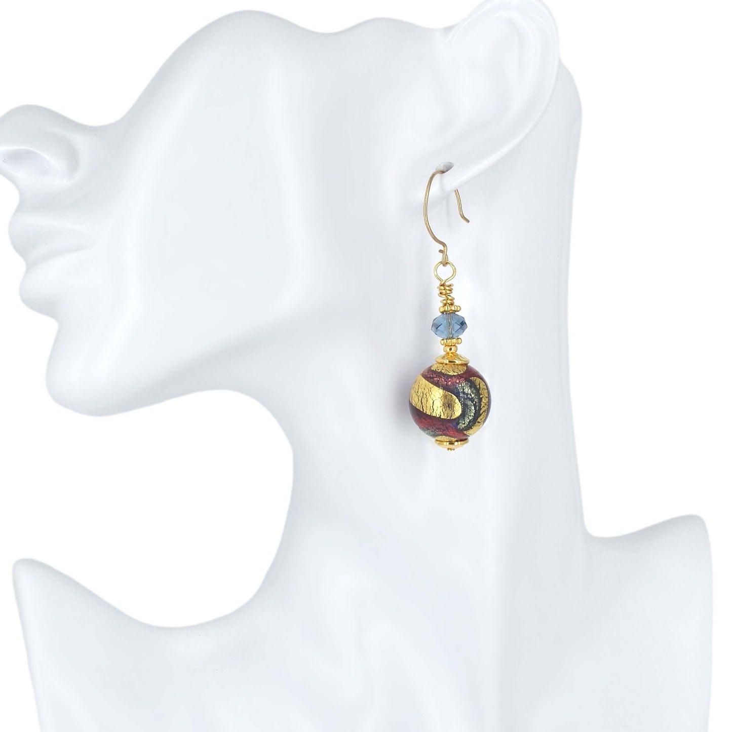 Contemporary Gold, Red and Blue Murano Glass Bead Earrings with Austrian Crystals on Gold Filled Earring Wires  