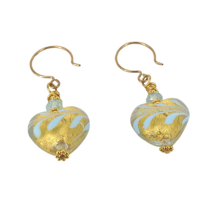 Light Blue and Gold Venetian Glass Bead Earrings with Austrian Crystals on Gold Filled Earring Wires  