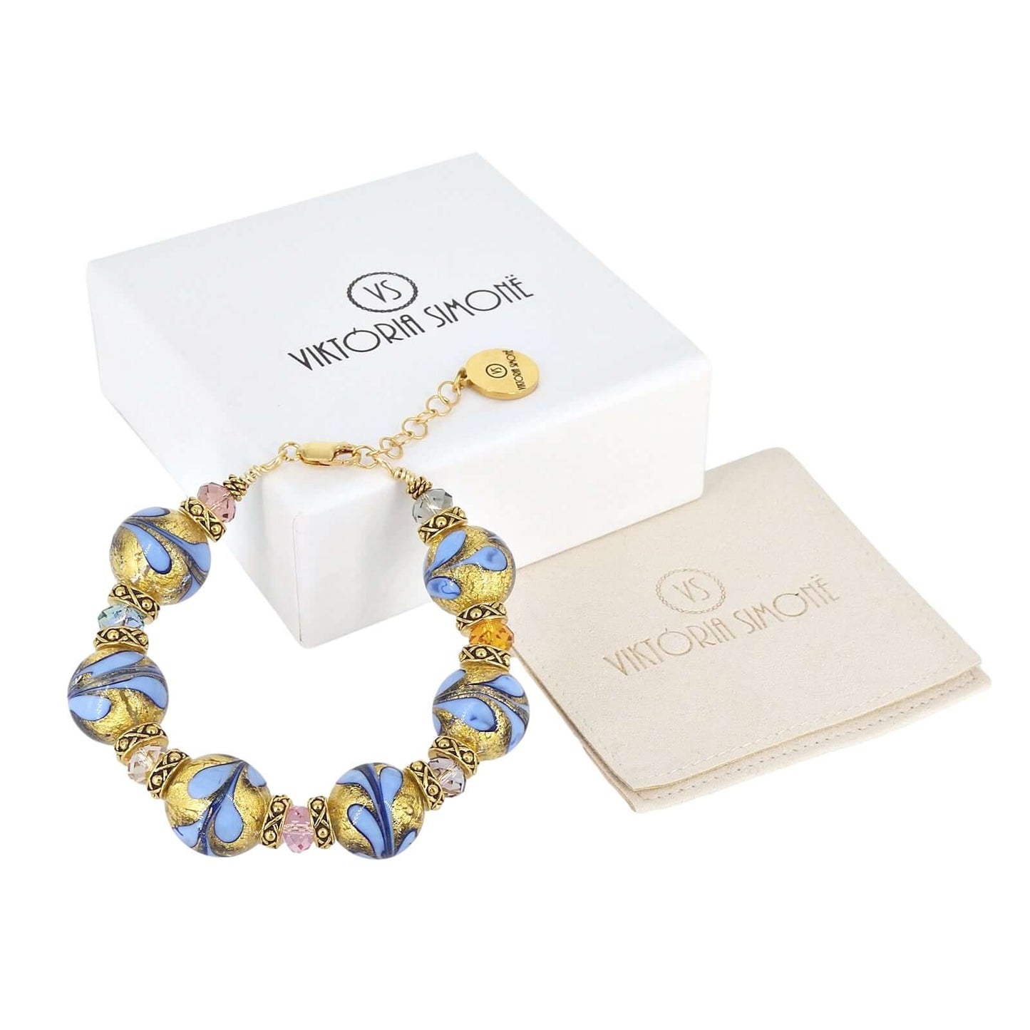 Italian Blue Gold Floral Murano Glass Crystal Bead Bracelet with Gold Filled Clasp  