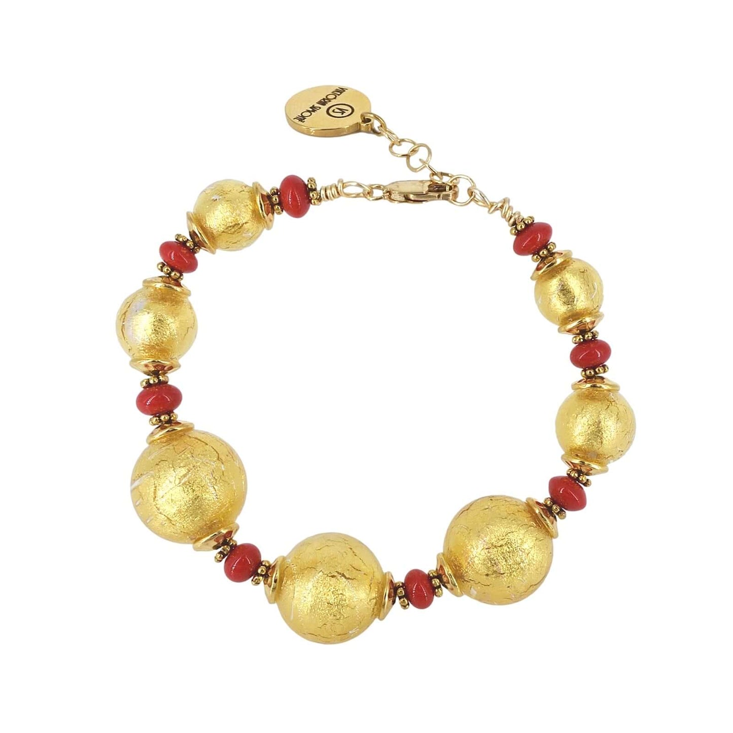 Gold and Red Venetian Bead Wire Bracelet with Gold-Filled Clasp  