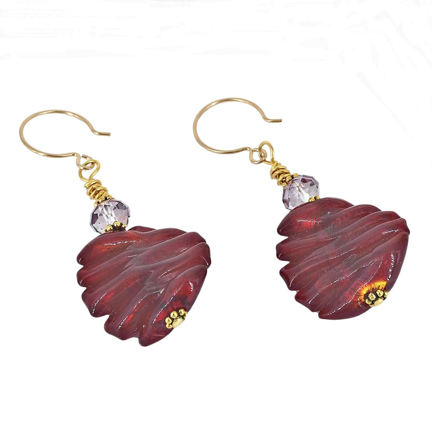 Red Wave Venetian Glass Bead Earrings with Austrian Crystals on Gold Filled Earring Wires  