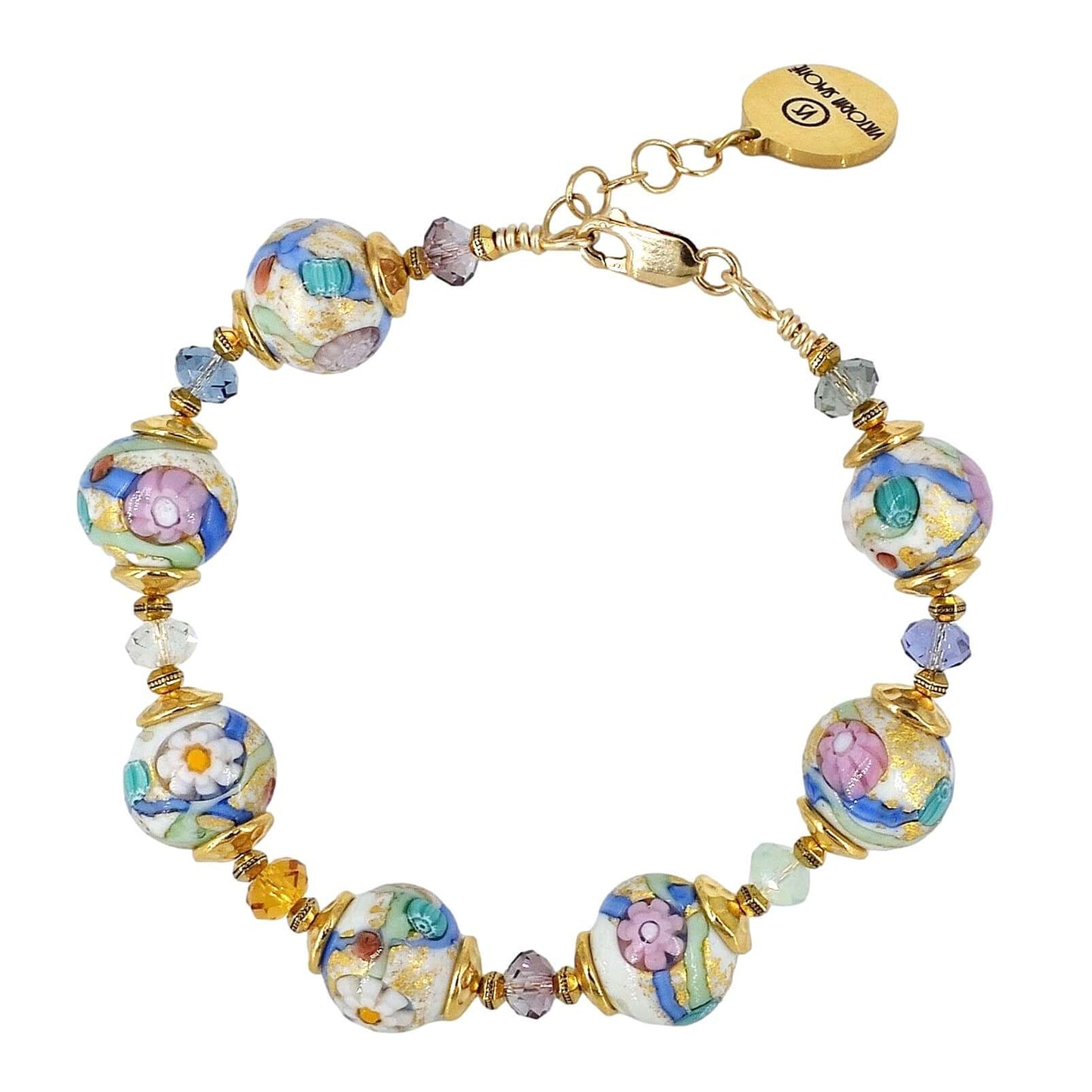 Multi-Color Floral Murano Glass Bead Bracelet with Austrian Crystals and Gold Filled Clasp  