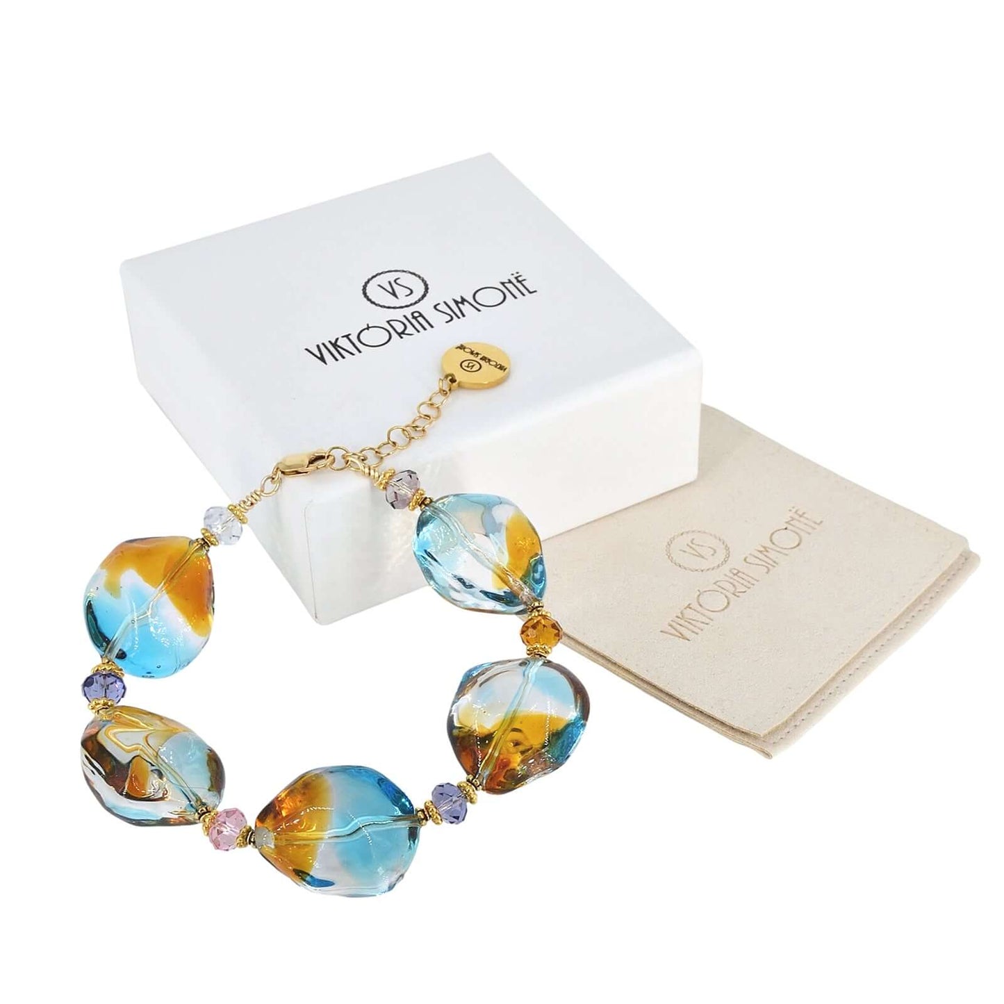 Italian Orange & Blue Bicolor Murano Glass & Crystal Bead Bracelet with Gold Filled Clasp  