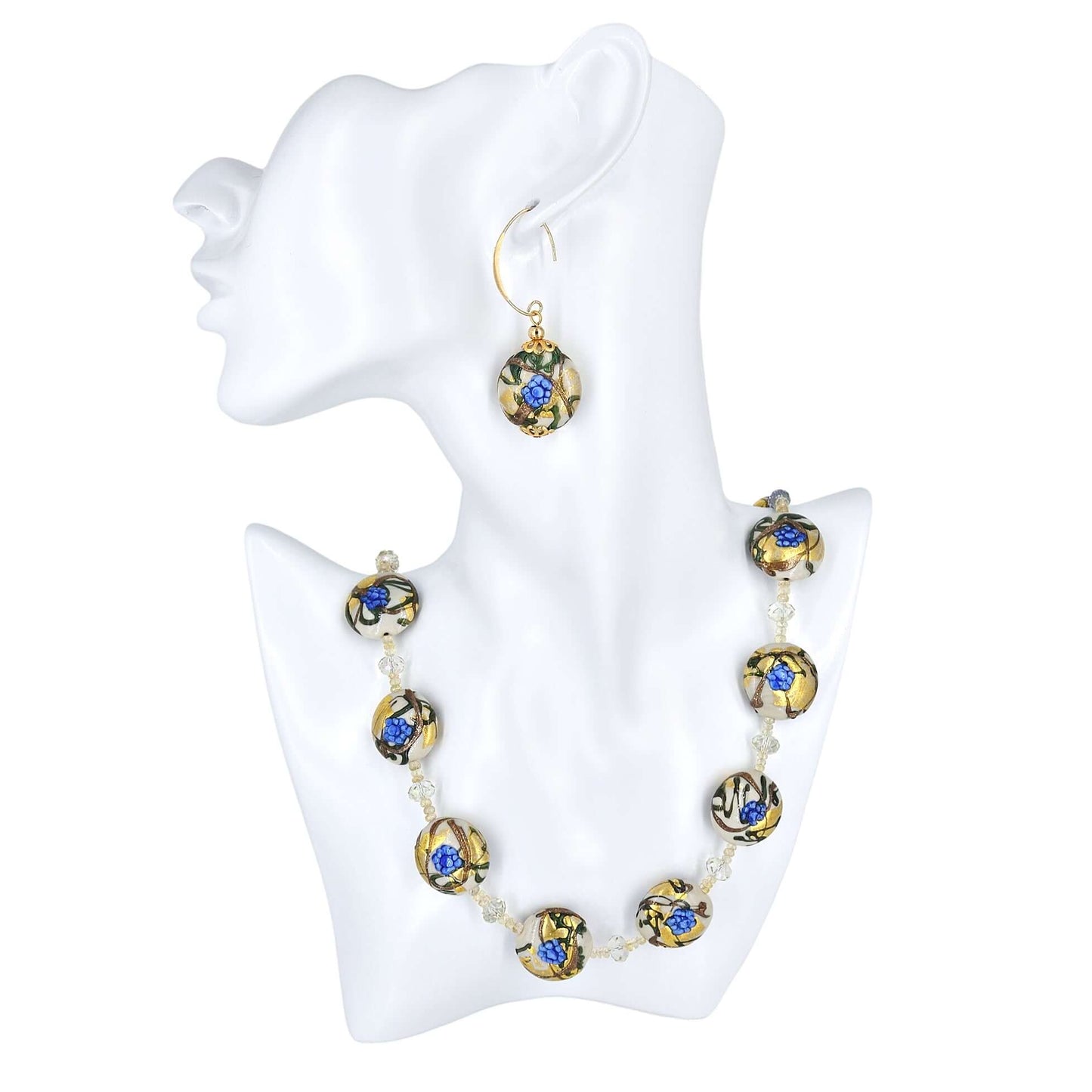 Blue Floral Large Lentil Venetian Bead Earrings with Gold-Filled Earring Wires  