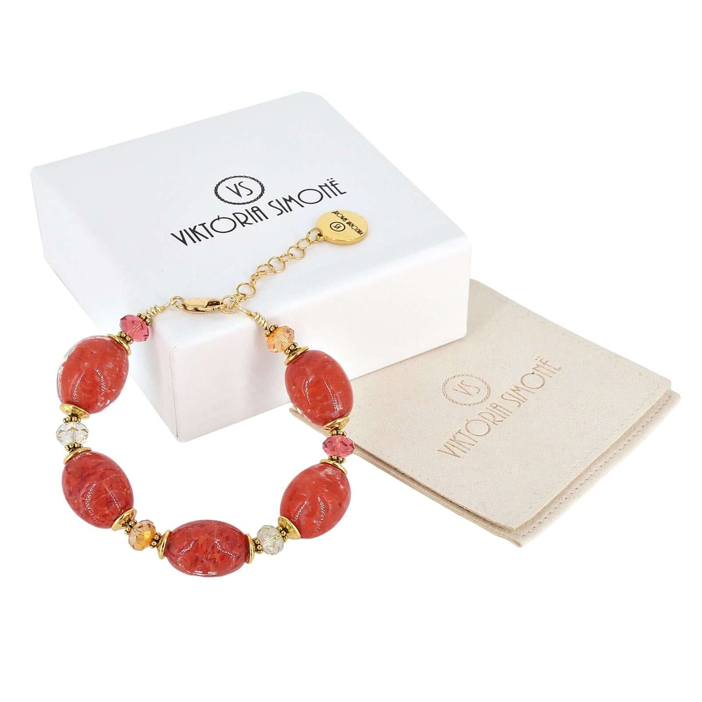 Italian Imperial Red Oval Murano Glass & Crystal Bead Bracelet with Gold Filled Clasp  