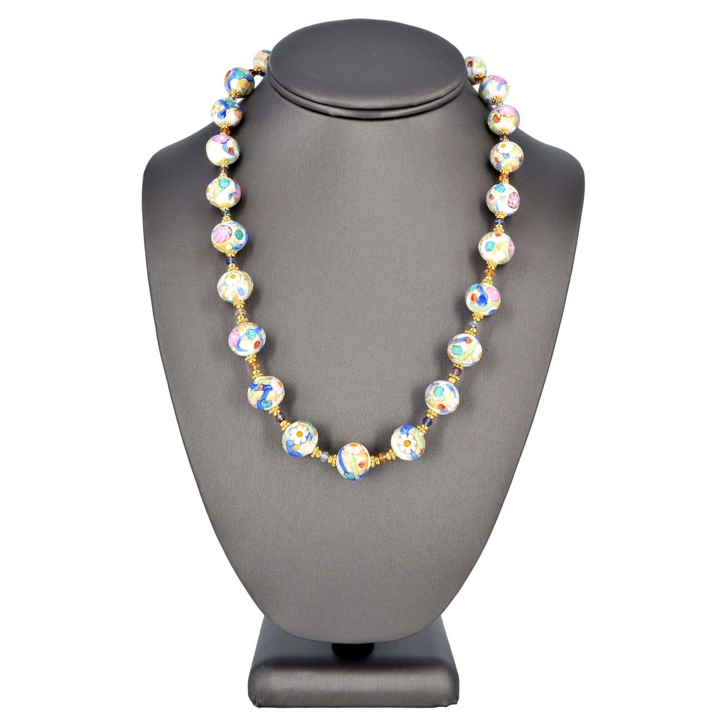 Feminine Multi-Color Floral Millefiori Murano Glass Bead Necklace with Austrian Crystals  