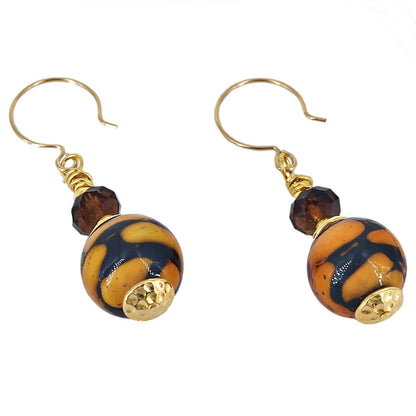 Brown and Black Spot Murano Glass Earrings with Austrian Crystals on Gold Filled Earring Wires  