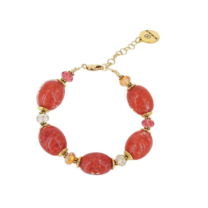 Italian Imperial Red Oval Murano Glass & Crystal Bead Bracelet with Gold Filled Clasp  