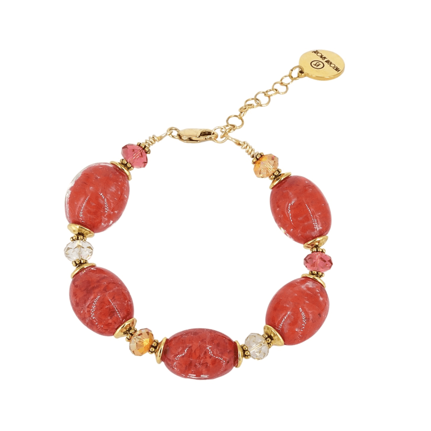 Italian Imperial Red Oval Murano Glass & Crystal Bead Bracelet with Gold Filled Clasp  