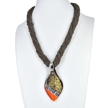 Brown Multi-Strand Italian Seed Bead Necklace with Large Gold and Orange Murano Glass Pendant  