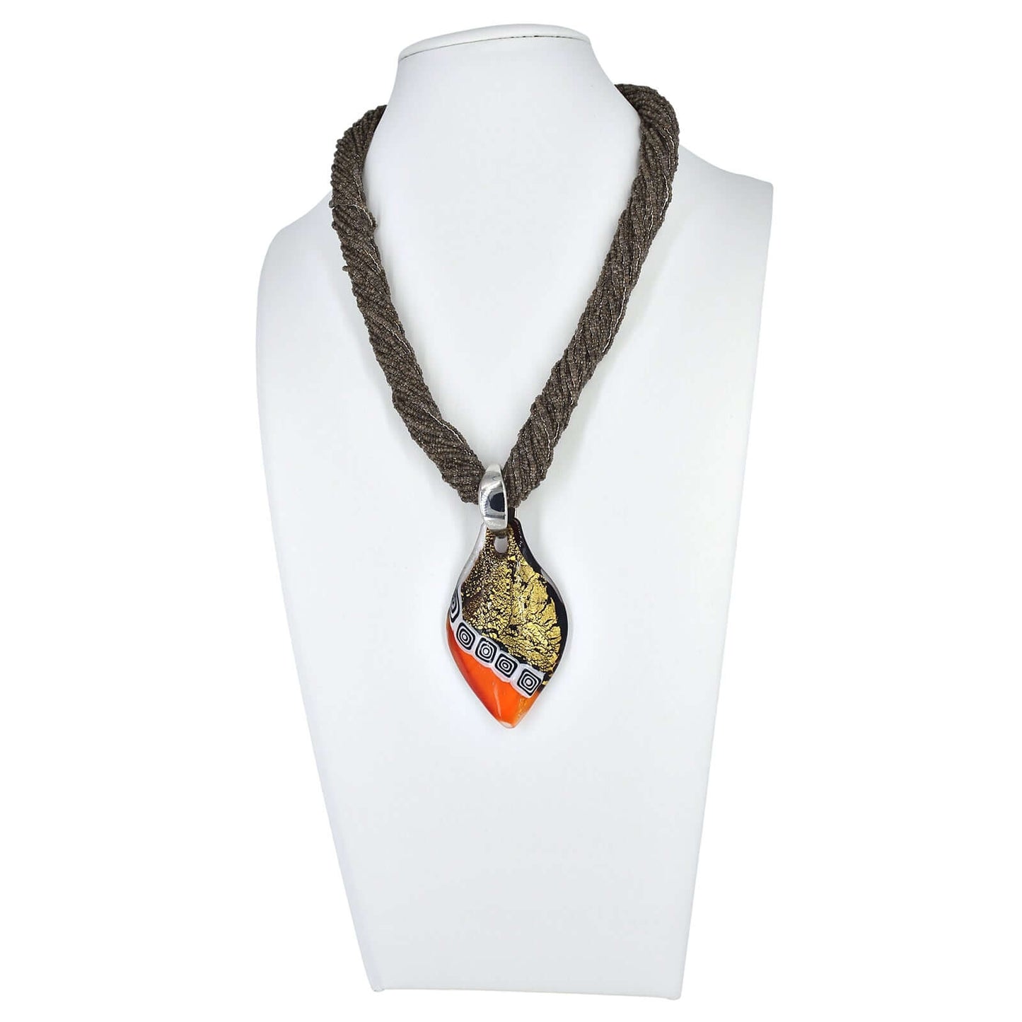 Brown Multi-Strand Italian Seed Bead Necklace with Large Gold and Orange Murano Glass Pendant  