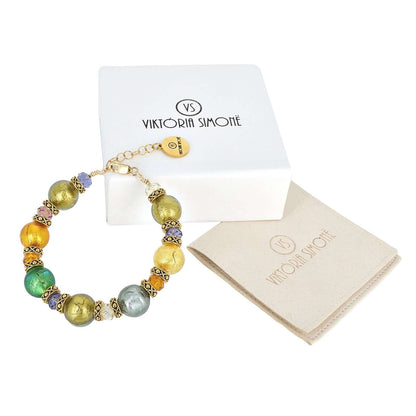 Italian Gold Multicolor Murano Glass & Crystal Bead Bracelet with Gold Filled Clasp  