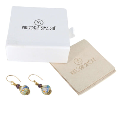 Stunning Millefiori Floral Earrings with Austrian Crystal and Gold Filled Ear Wires  