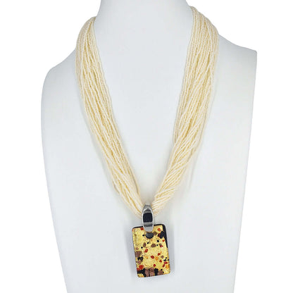 Ivory Italian Multi-Strand Seed Bead Necklace with Large Gold Murano Glass Pendant  