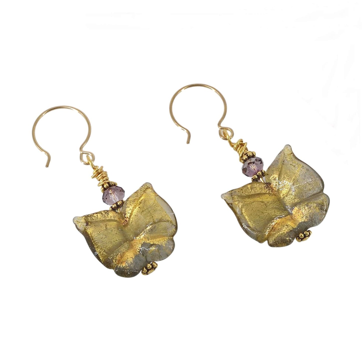 Gold Murano Glass Butterfly Earrings with Austrian Crystals on Gold Filled Earrings  